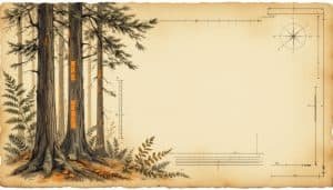 Mature hardwood trees in forest with measurement markings on trunks