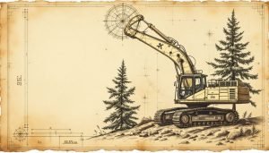 Excavator-mounted disc saw felling head cutting a large pine tree during land clearing operation