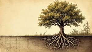 Cross-section view of a mature tree showing extensive lateral root system spreading underground near a home foundation