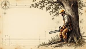 Arborist in full felling PPE including helmet, chaps, and chainsaw preparing to fell a large tree