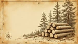 Stacked pine logs ready for trucking with forest in background