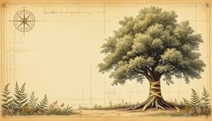 Mature backyard tree with tape measure showing trunk diameter