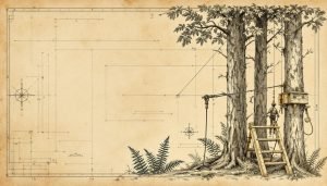 Arborist attaching a wire rope winch tensioning system to a large tree trunk before felling
