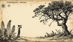 Homeowner using binoculars to inspect large tree for hazards from ground level
