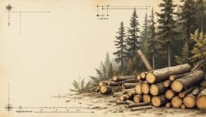 Freshly cut hardwood logs stacked at a timber landing in a managed forest with visible tree stumps