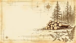 Stacked hardwood logs in forest clearing showing different timber grades and sizes