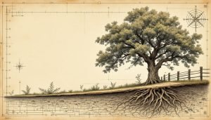 Mature oak tree roots spreading beneath woodland hiking trail with protective barrier fencing