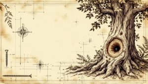Mature oak tree with visible nail heads embedded in trunk showing tree growth around hardware