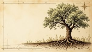 Mature oak tree showing exposed root system spreading wide and shallow near soil surface