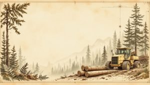 Forest harvesting site with cable logging equipment and felled timber