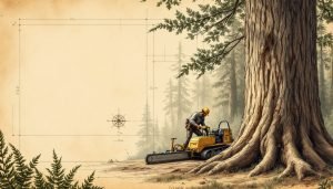 Hot saw feller-buncher cutting disc head positioned against a large hardwood tree trunk at a logging site