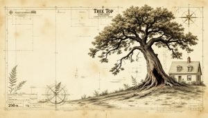 Mature tree with visible structural defects including trunk cavity and leaning growth