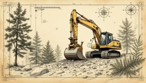 Excavator-mounted mulcher head grinding cedar trees with chips flying