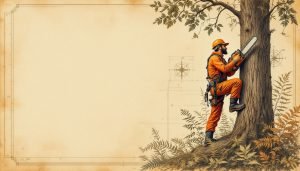 Professional arborist wearing orange bib and brace chainsaw trousers while climbing a tree