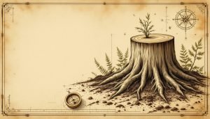 Ground tree stump with exposed lateral roots beginning to decay