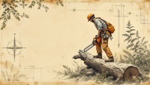 Person wearing full chainsaw safety gear including helmet, chaps, and gloves