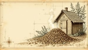 Steaming wood chip pile beside a garden shed