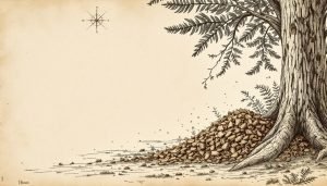Close-up of wood chip mulch layer around tree base, ruler showing 3-inch depth