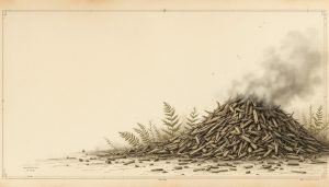 Large steaming wood chip pile in a yard showing visible vapor rising from the surface on a warm day