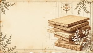 Particle board sheets stacked in warehouse showing wood chip patterns