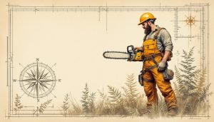 Arborist wearing full chainsaw PPE including helmet system, cut-resistant chaps, and safety boots