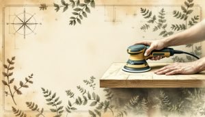 Person using orbital sander on wooden deck board with visible scratch pattern
