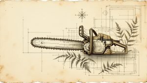 Chainsaw showing chain brake hand guard and safety tip bar