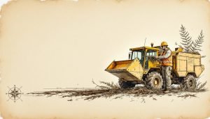 Commercial wood chipper with safety cones and operator in full PPE preparing to feed branches