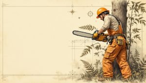 Person wearing full chainsaw safety gear including helmet, chaps, and gloves while cutting tree