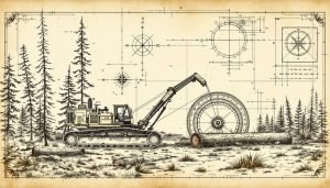 Feller-buncher with disc saw attachment cutting pine trees in plantation