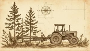 Feller-buncher cutting pine plantation with grapple skidder in background