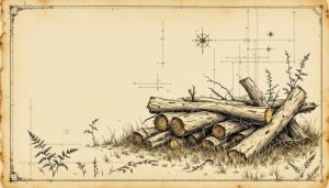 Stacked tree limbs forming mat on grass lawn with chipper in background