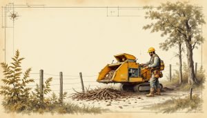 Woodchipper with operator in proper PPE feeding branches safely from side position