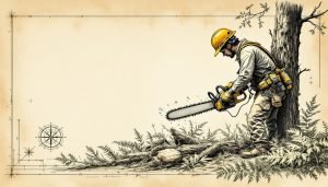 Person in full chainsaw safety gear cutting fallen tree with proper technique