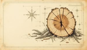 Cross-section of tree trunk showing straight grain lines and radial crack along earlywood vessels
