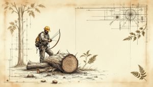 Arborist in full PPE using a bow saw to cut a large downed log on a wooded property