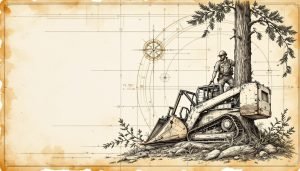 Chainsaw cutting 70-degree open notch into pine trunk with visible hinge