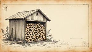 Split oak rounds stacked on pallets with corrugated roof cover