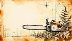 Close-up of chainsaw front hand guard and chain brake mechanism on a running saw