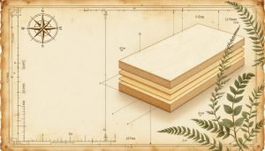 Cross-section of particle board panel showing layered density structure next to wood chipper infeed