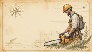 Chainsaw operator wearing complete safety gear including helmet, face shield, chaps, and gloves